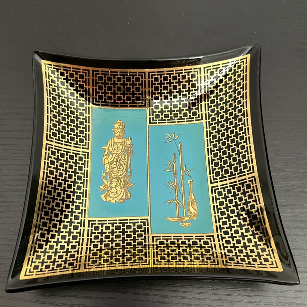 MCM Balinese Bent Square Smoked Glass 24kt Gold Turquoise Theme Hindu Bowl